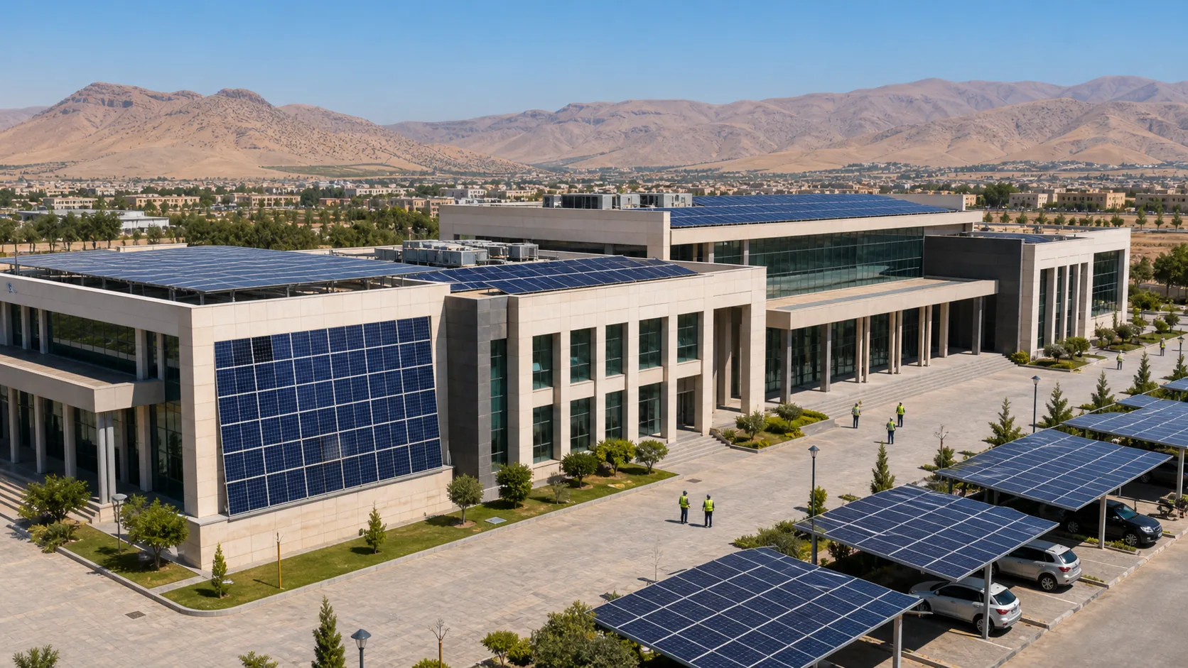 Realistic visualization of Koya University campus solar panels on rooftops, facades and carports