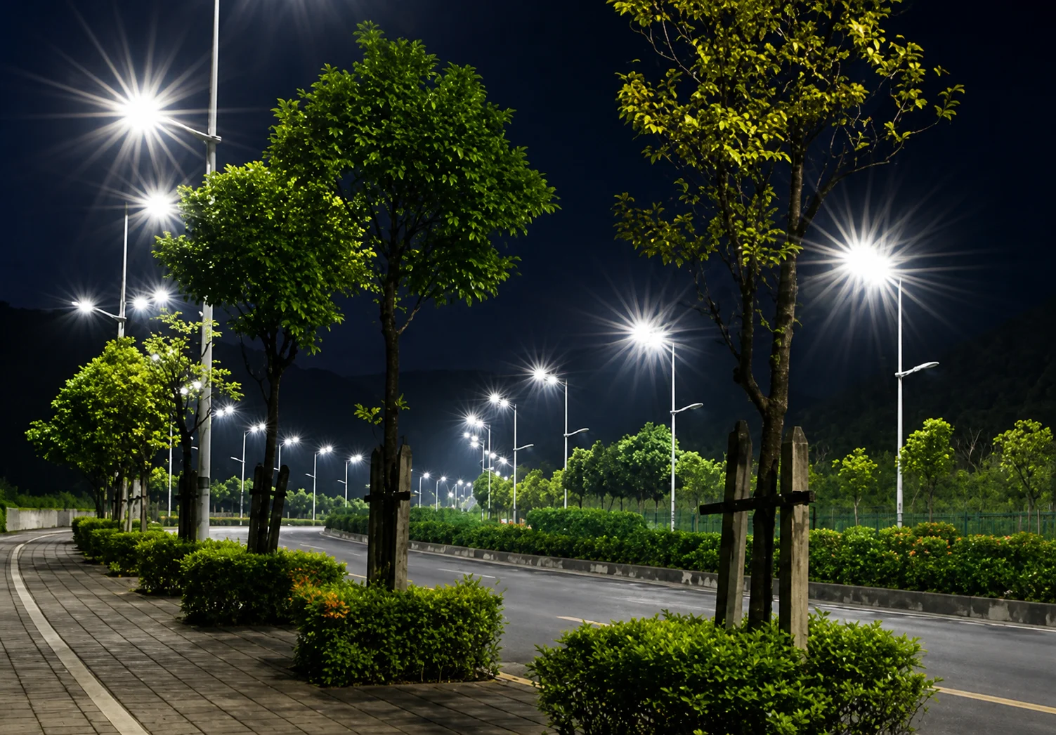 Solar-powered street lighting along a public road